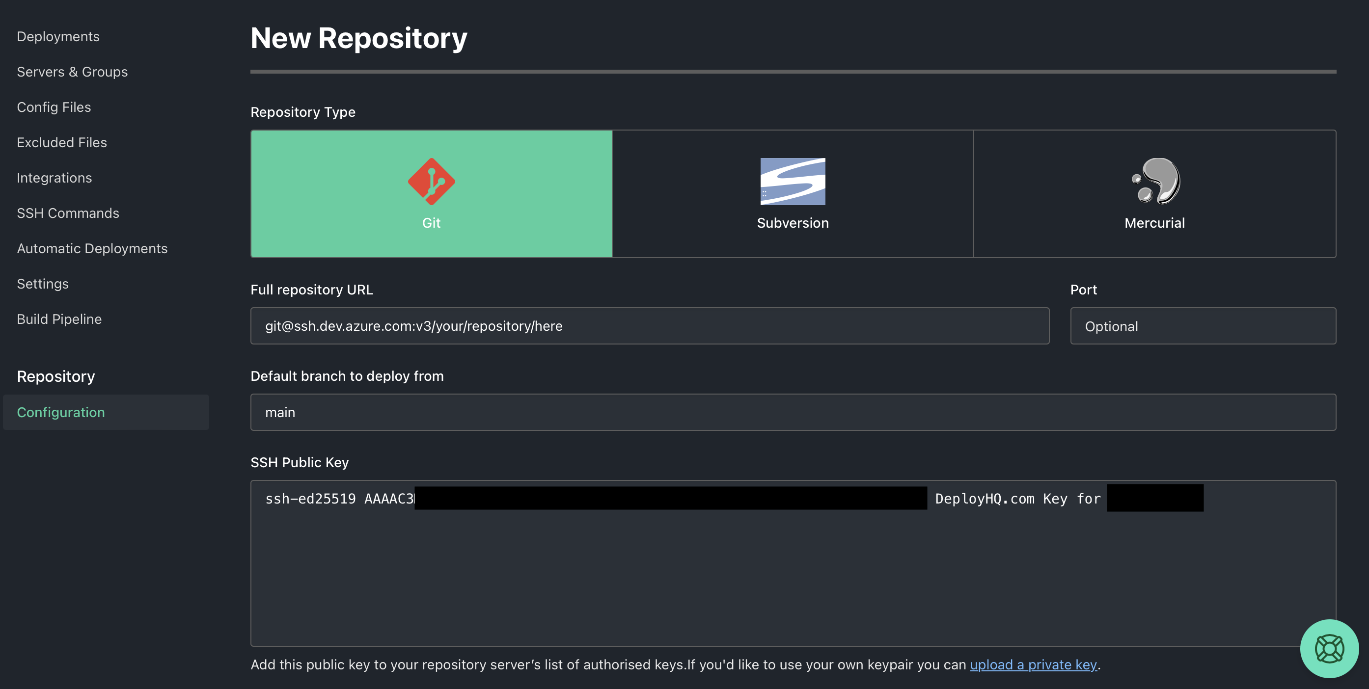 DeployHQ add repo page